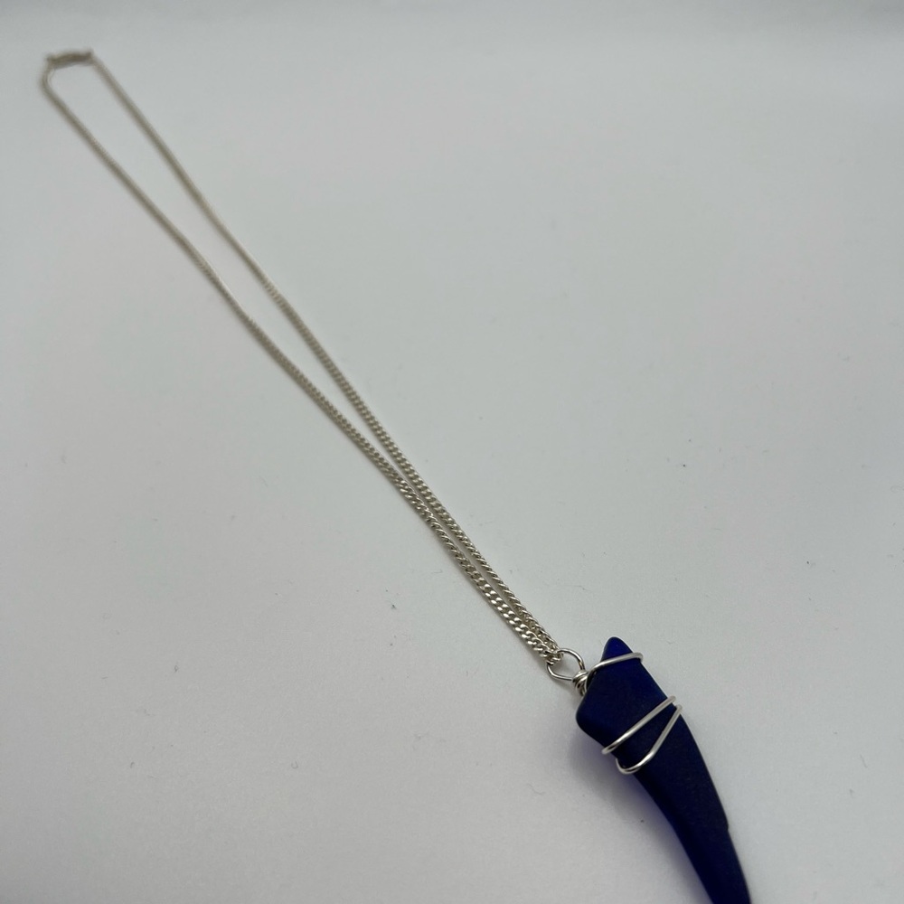 Vintage Sterling Silver Curb Chain and Blue Glass Pendant Necklace